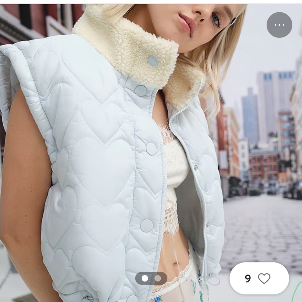 For Love & Lemons Light Blue Quilted Heart Puffer Vest with Cream Sherpa Collar